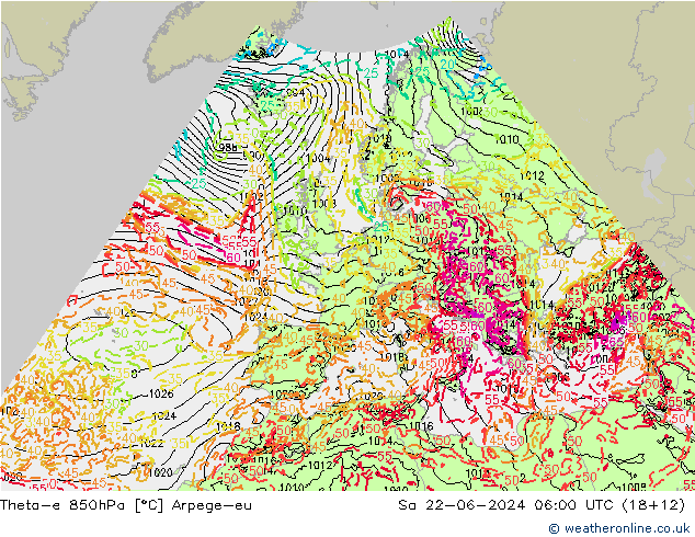 Theta-e 850hPa Arpege-eu 星期六 22.06.2024 06 UTC