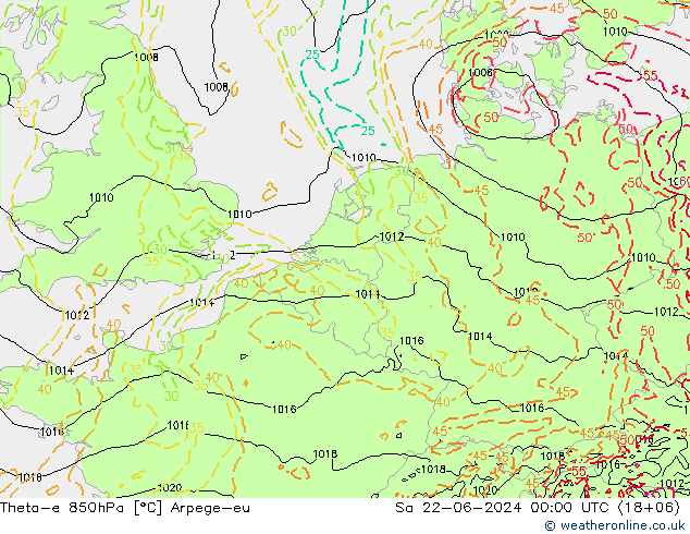 Theta-e 850hPa Arpege-eu 星期六 22.06.2024 00 UTC