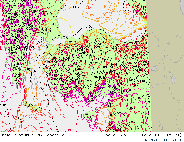 Theta-e 850hPa Arpege-eu So 22.06.2024 18 UTC