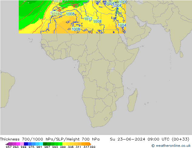 700-1000 hPa Kalınlığı Arpege-eu Paz 23.06.2024 09 UTC