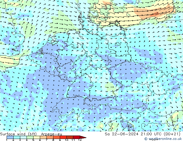 �N 10 米 (bft) Arpege-eu 星期六 22.06.2024 21 UTC