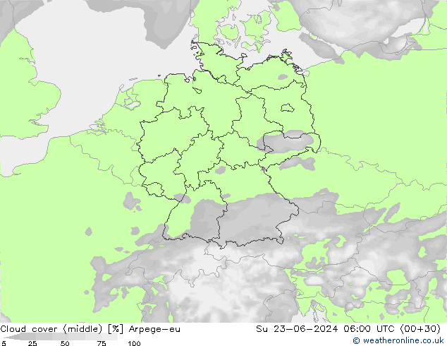 Cloud cover (middle) Arpege-eu Su 23.06.2024 06 UTC