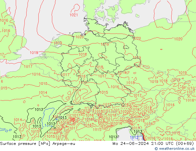 Surface pressure Arpege-eu Mo 24.06.2024 21 UTC