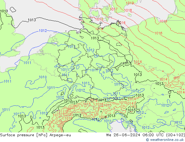 Presión superficial Arpege-eu mié 26.06.2024 06 UTC
