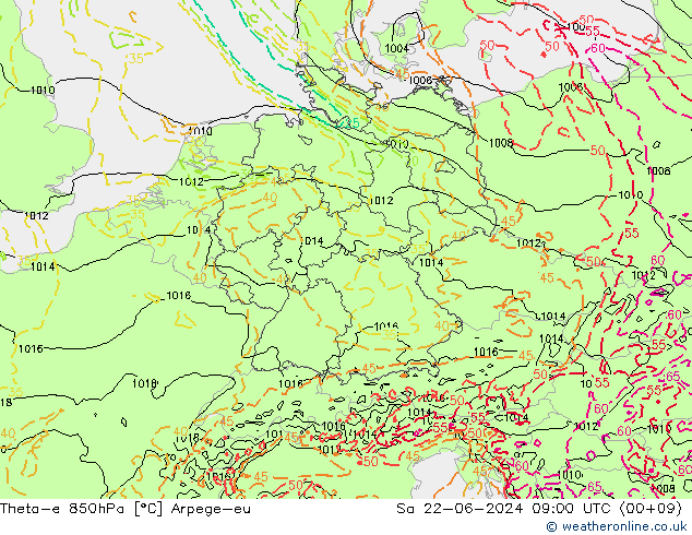 Theta-e 850hPa Arpege-eu Sa 22.06.2024 09 UTC