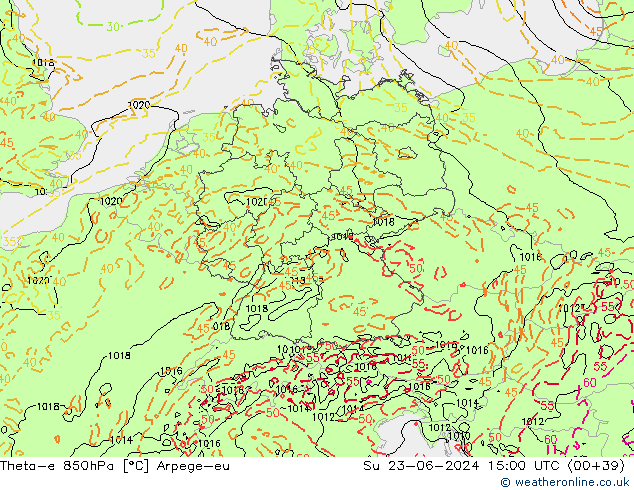 Theta-e 850hPa Arpege-eu zo 23.06.2024 15 UTC