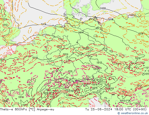 Theta-e 850hPa Arpege-eu Tu 25.06.2024 18 UTC