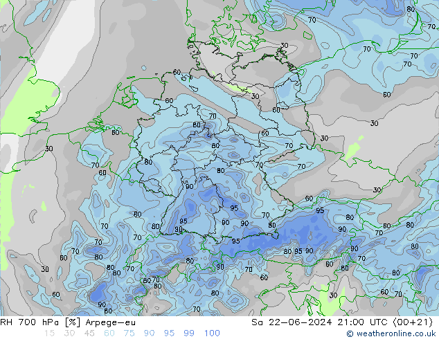 RH 700 hPa Arpege-eu 星期六 22.06.2024 21 UTC