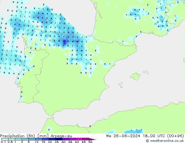 Precipitación (6h) Arpege-eu mié 26.06.2024 00 UTC