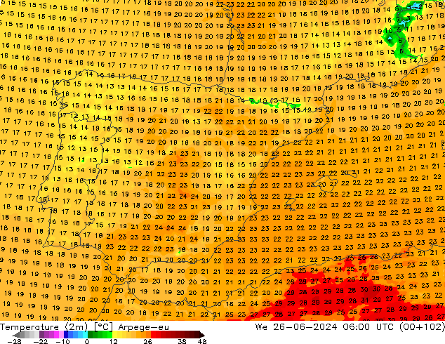 Temperatura (2m) Arpege-eu mié 26.06.2024 06 UTC