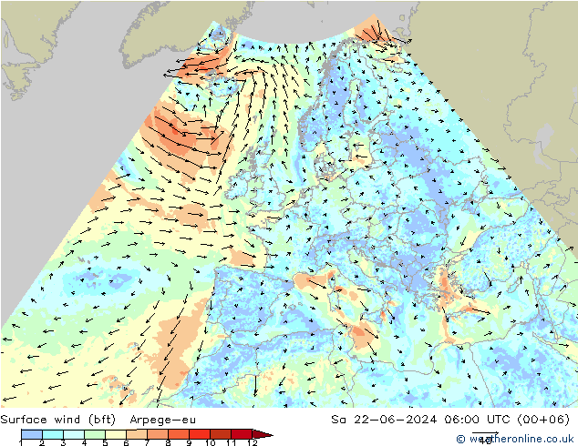 Vento 10 m (bft) Arpege-eu sab 22.06.2024 06 UTC