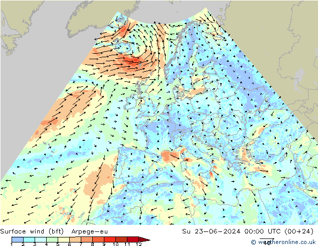 Wind 10 m (bft) Arpege-eu zo 23.06.2024 00 UTC