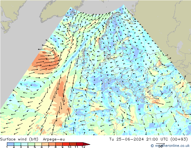 Rüzgar 10 m (bft) Arpege-eu Sa 25.06.2024 21 UTC