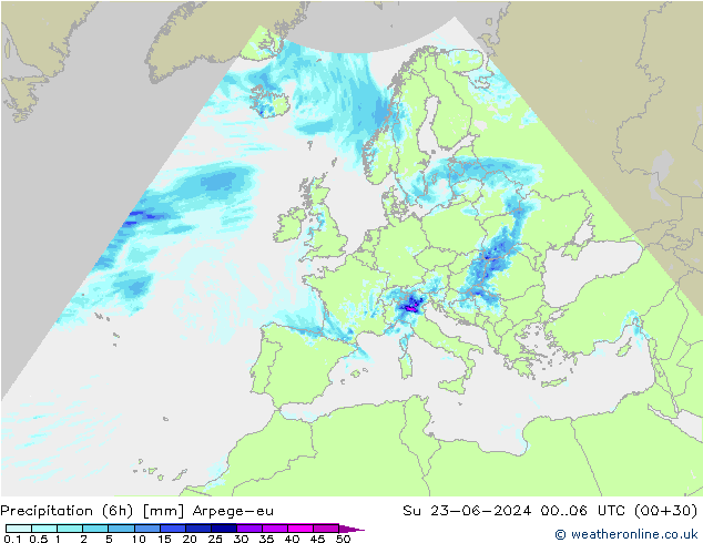 Totale neerslag (6h) Arpege-eu zo 23.06.2024 06 UTC