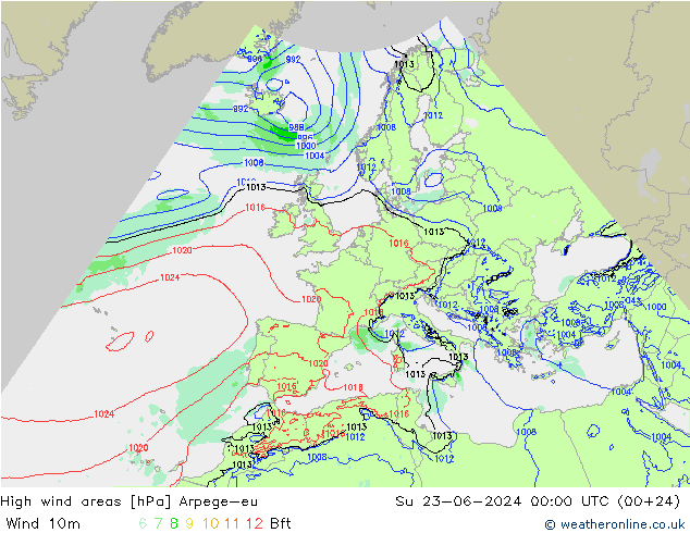 High wind areas Arpege-eu dom 23.06.2024 00 UTC