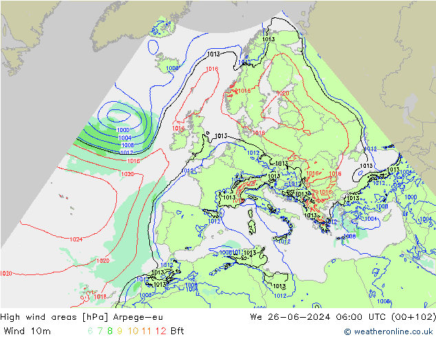 High wind areas Arpege-eu mer 26.06.2024 06 UTC