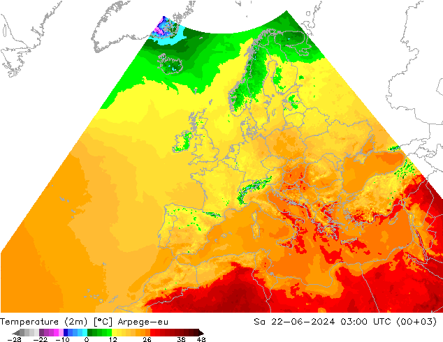 温度图 Arpege-eu 星期六 22.06.2024 03 UTC