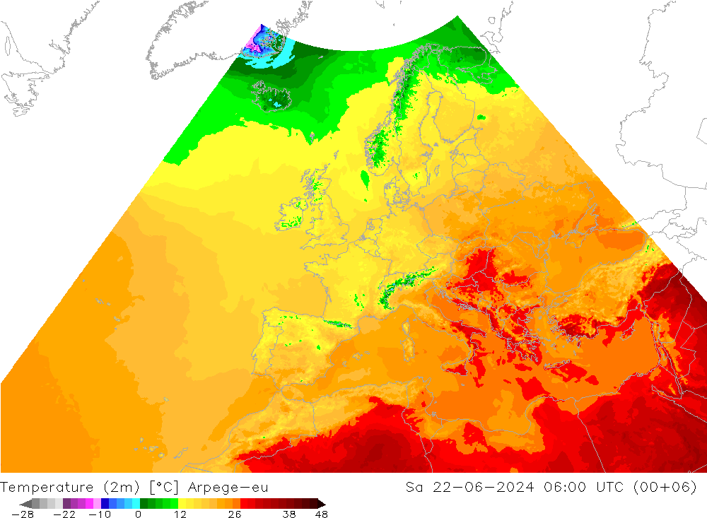 Temperaturkarte (2m) Arpege-eu Sa 22.06.2024 06 UTC