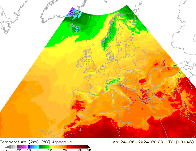 Temperature (2m) Arpege-eu Mo 24.06.2024 00 UTC