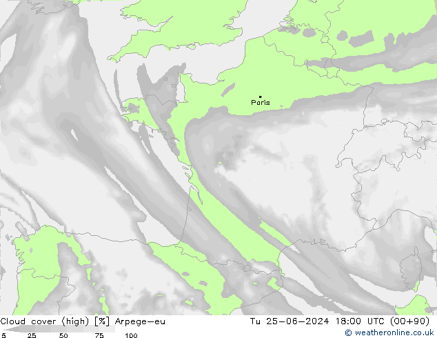 Cloud cover (high) Arpege-eu Tu 25.06.2024 18 UTC