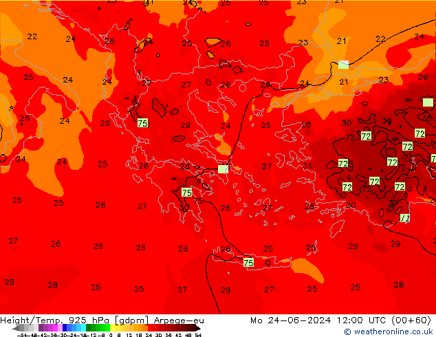 Height/Temp. 925 hPa Arpege-eu pon. 24.06.2024 12 UTC