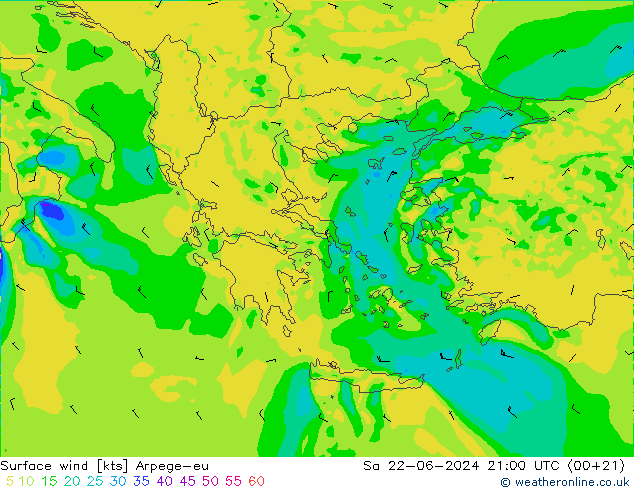 Viento 10 m Arpege-eu sáb 22.06.2024 21 UTC