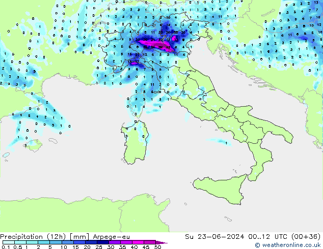 Precipitation (12h) Arpege-eu Su 23.06.2024 12 UTC