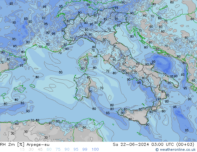 RH 2m Arpege-eu Sáb 22.06.2024 03 UTC