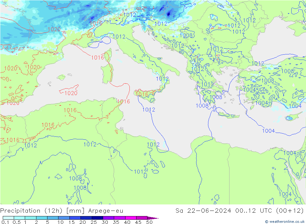 Totale neerslag (12h) Arpege-eu za 22.06.2024 12 UTC