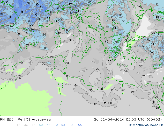 RH 850 hPa Arpege-eu Sa 22.06.2024 03 UTC