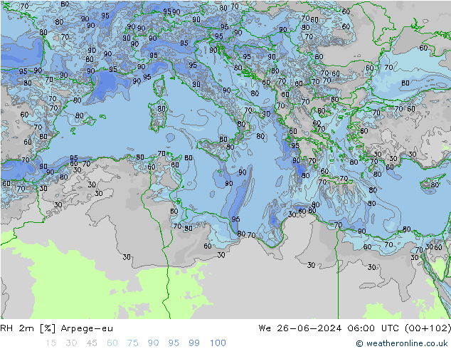 RH 2m Arpege-eu mer 26.06.2024 06 UTC