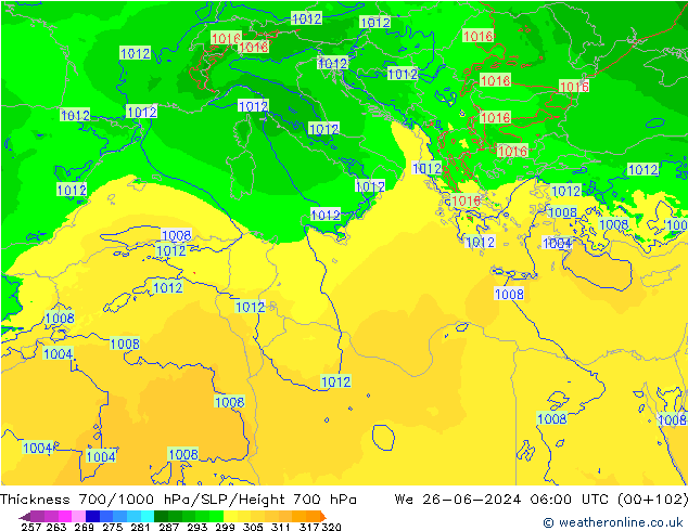 Thck 700-1000 hPa Arpege-eu We 26.06.2024 06 UTC