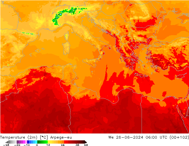 Temperatura (2m) Arpege-eu mer 26.06.2024 06 UTC