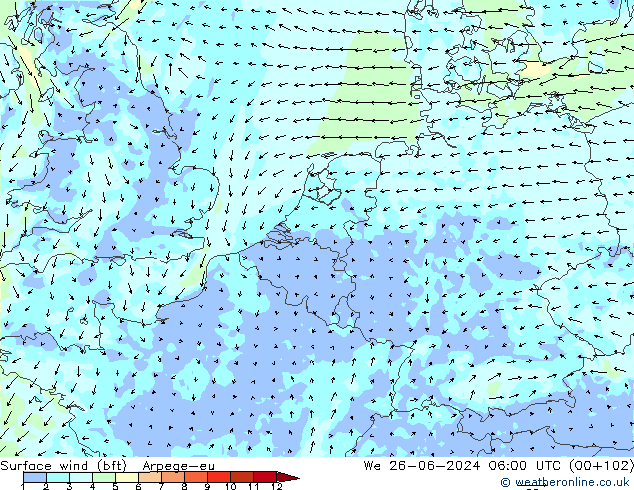 Surface wind (bft) Arpege-eu We 26.06.2024 06 UTC