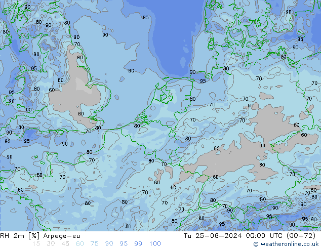 RH 2m Arpege-eu 星期二 25.06.2024 00 UTC