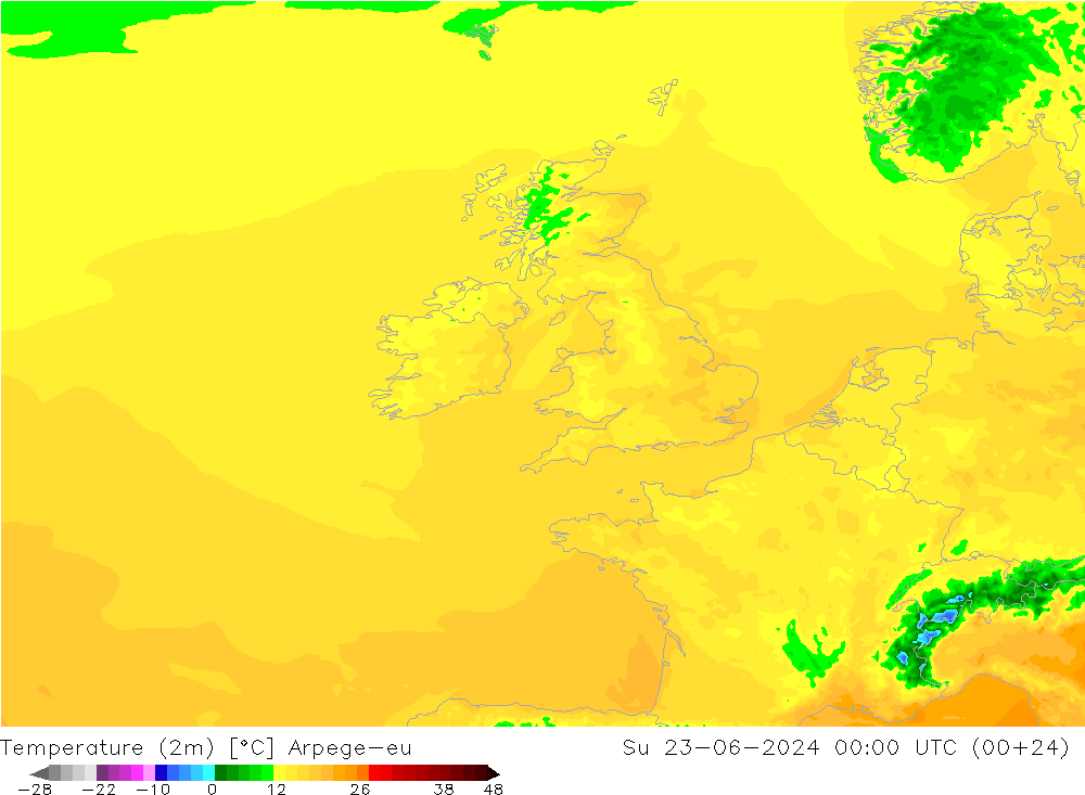 Temperaturkarte (2m) Arpege-eu So 23.06.2024 00 UTC