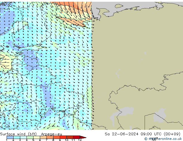 Rüzgar 10 m (bft) Arpege-eu Cts 22.06.2024 09 UTC