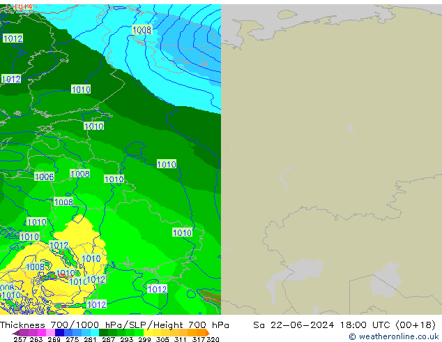 Thck 700-1000 hPa Arpege-eu sab 22.06.2024 18 UTC