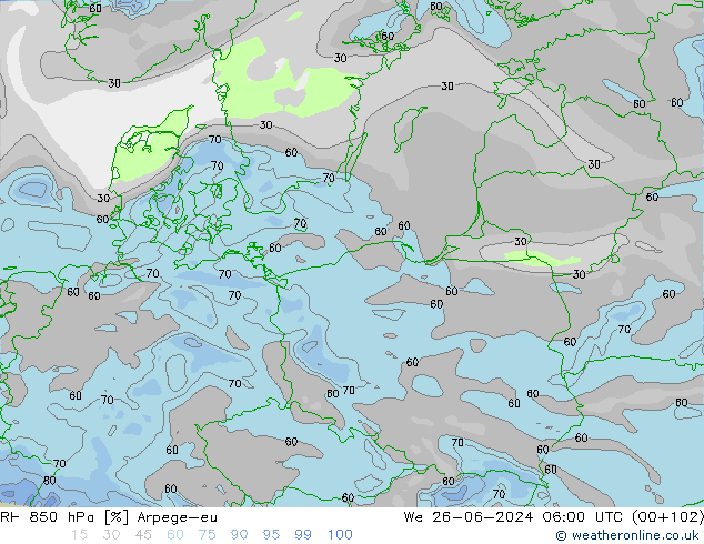 RH 850 hPa Arpege-eu St 26.06.2024 06 UTC