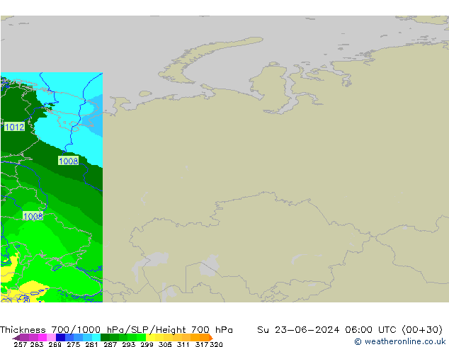 Thck 700-1000 hPa Arpege-eu dom 23.06.2024 06 UTC