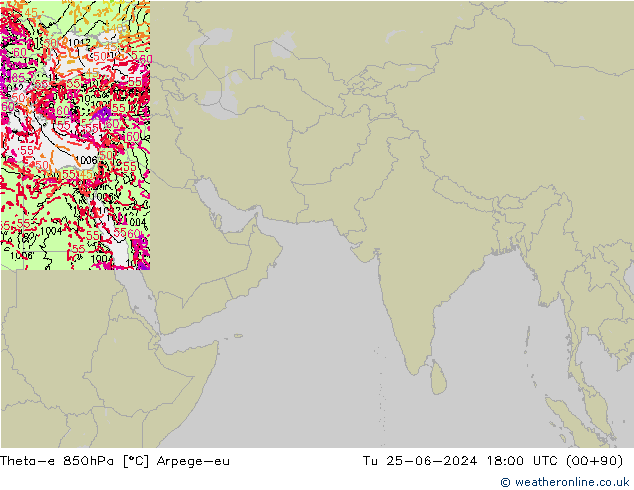 Theta-e 850hPa Arpege-eu Tu 25.06.2024 18 UTC