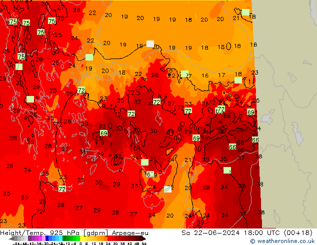 Geop./Temp. 925 hPa Arpege-eu sáb 22.06.2024 18 UTC