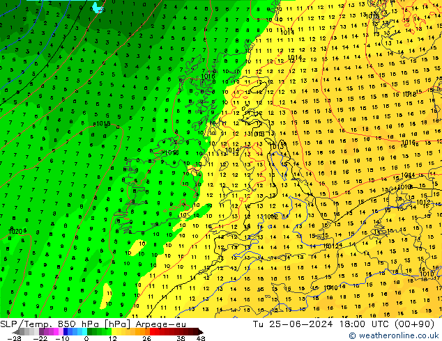 SLP/Temp. 850 hPa Arpege-eu Tu 25.06.2024 18 UTC