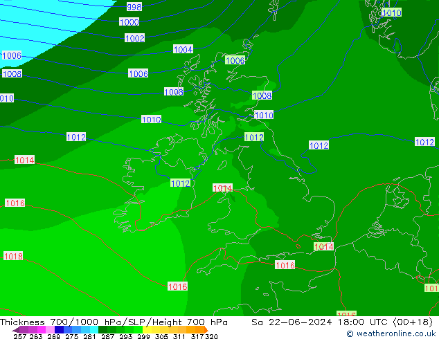 Thck 700-1000 hPa Arpege-eu Sa 22.06.2024 18 UTC