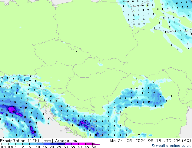 Precipitation (12h) Arpege-eu Mo 24.06.2024 18 UTC