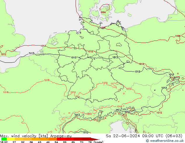 Max. wind snelheid Arpege-eu za 22.06.2024 09 UTC