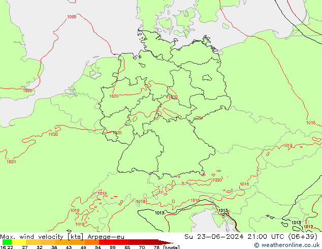 Max. wind velocity Arpege-eu Ne 23.06.2024 21 UTC