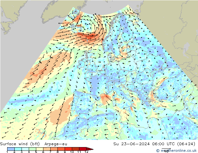 Surface wind (bft) Arpege-eu Su 23.06.2024 06 UTC