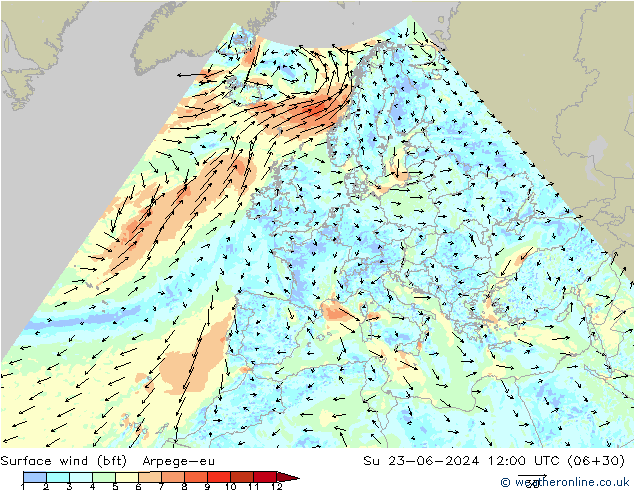 Surface wind (bft) Arpege-eu Ne 23.06.2024 12 UTC