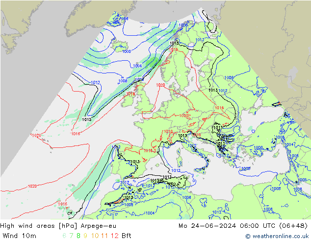 yüksek rüzgarlı alanlar Arpege-eu Pzt 24.06.2024 06 UTC